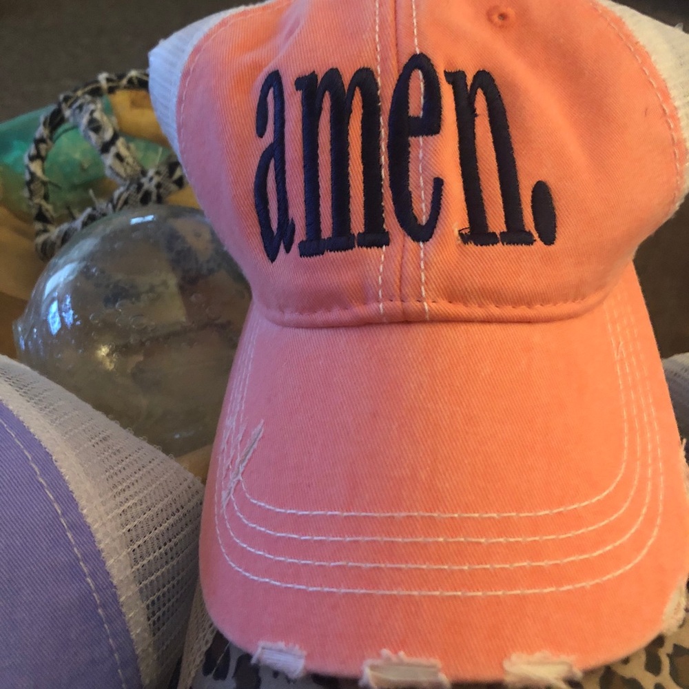 Adorable distressed hat—salmon with navy writing
